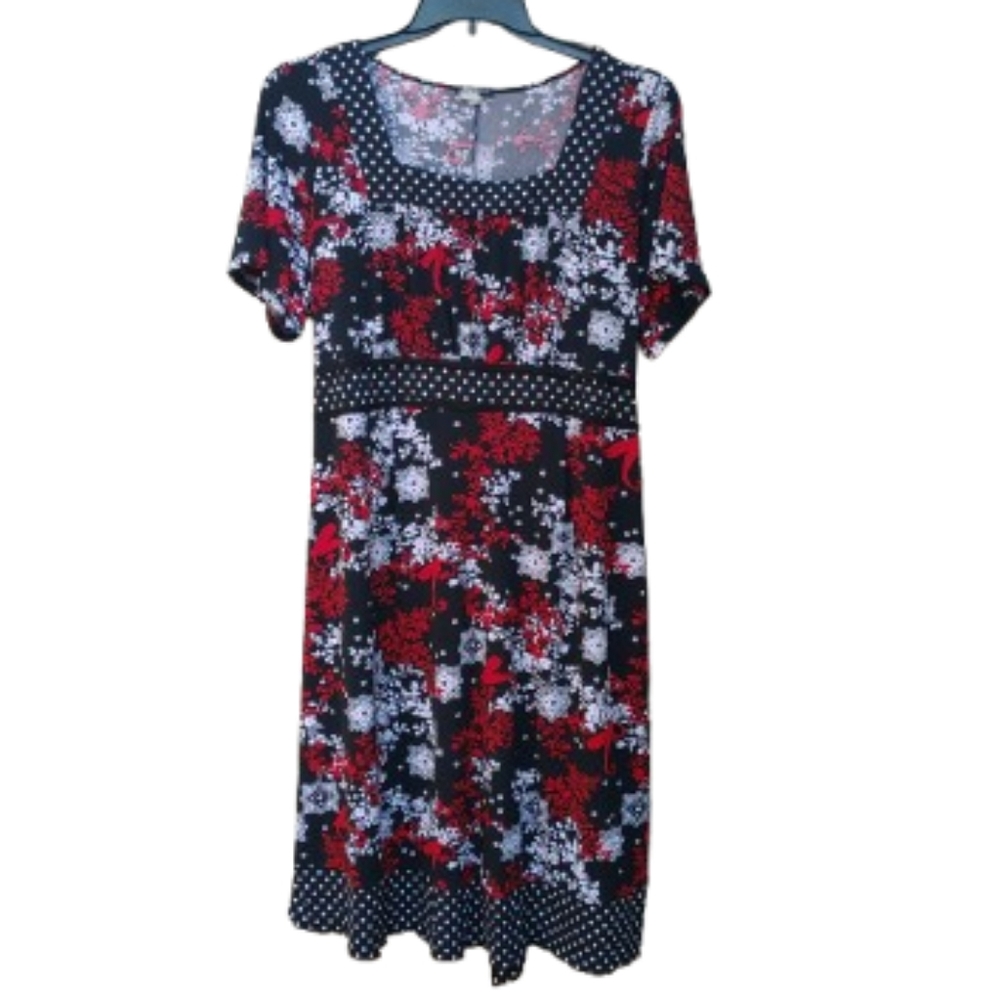 Perseption Plus Multicolor Floral Print Dress Square Neck Black Red Stretch